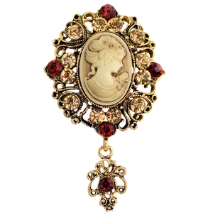 Vintage gold cameo brooch with ruby red crystals and elegant lady portrait pendant