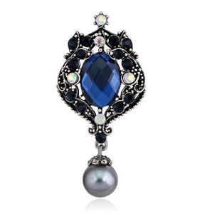 Vintage silver alloy brooch with blue rhinestones and a hanging grey pearl pendant