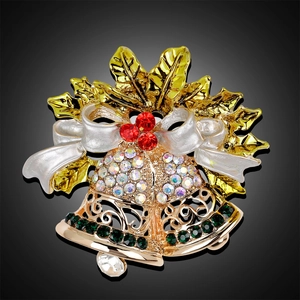 Spilla natalizia a campana con strass iridescenti e foglie di agrifoglio dorate