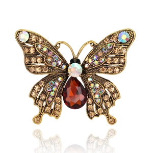 Vintage Alloy Butterfly Brooch Pin With Rhinestone Antique Gold Red Main Stone Women Fashion Corsage Accessories