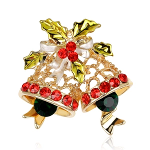Vintage Christmas Bell Brooch Alloy Rhinestone Enamel Holly Leaf Bowknot Gold Hollow Double Bells Holiday Jewelry Pin Gift