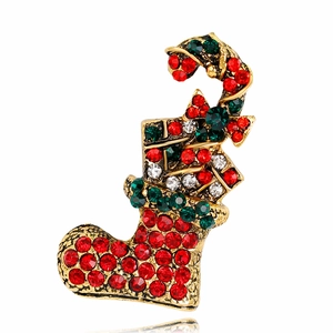 Christmas stocking brooch with red and green crystals and golden alloy gift box charms