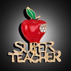 Rote Emaille-Apfelbrosche mit Super Teacher Schriftzug und funkelnden Strasssteinen
