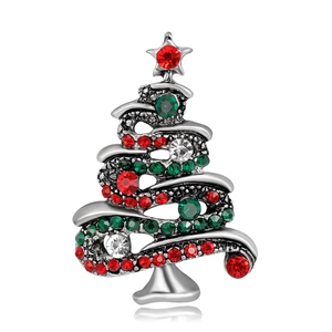 Fashionable Christmas tree brooch with red and green rhinestones in silver alloy