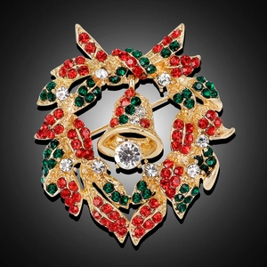 Festive Christmas wreath brooch with gold bells and sparkling red and green crystals