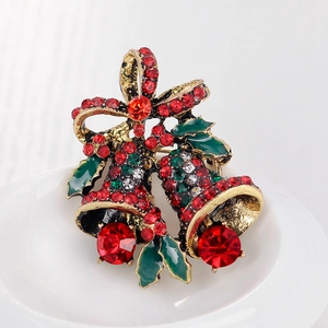 Weihnachtsglocken Brosche mit roten und grünen Strasssteinen und Stechpalmenblättern