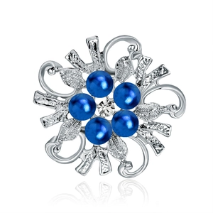 Elegant silver alloy brooch featuring five blue pearls and a sparkling zircon center