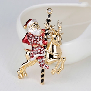 Christmas Santa Claus and Reindeer brooch with gold plating and sparkling rhinestones