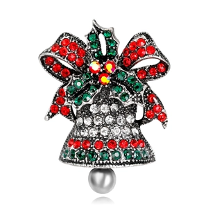 Exquisite Christmas bell brooch featuring red and green rhinestones and a grey pearl drop