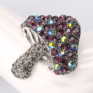 Cute mushroom brooch with purple and AB rhinestones set in vintage silver alloy