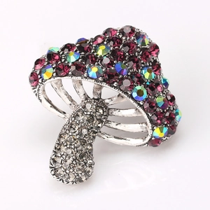 Sparkling mushroom brooch with purple crystals and rhinestones in silver alloy