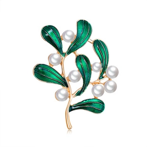 Detail of mistletoe branch brooch with green enamel leaves and white pearls