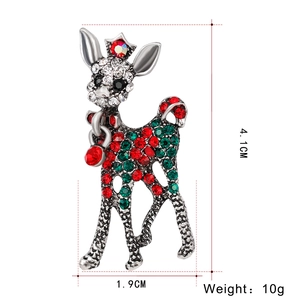 Christmas reindeer brooch with red and green crystals, size 4.1cm by 1.9cm and 10g weight