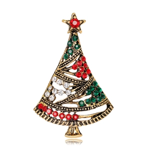 Detailed view of Christmas tree brooch with colorful rhinestones and gold alloy base