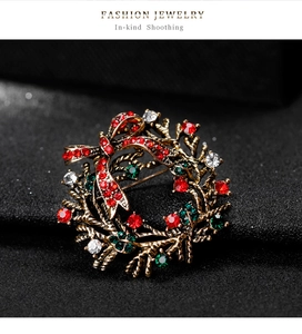 Detailed macro view of vintage Christmas wreath brooch with colorful rhinestones on black