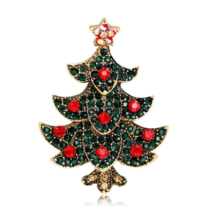 Classic Christmas tree brooch with green crystals and red stones on gold-plated alloy