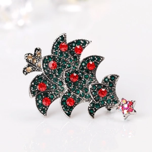 Broche sapin de Noël vintage en argent antique sertie de strass rouges et verts