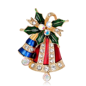 Broche Cloche de Noël en Émail pour Femmes Plaquée Or Strass Feuilles de Houx Épinglette Bijoux Décoratifs de Fête