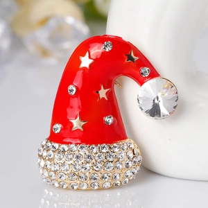Cartoon Christmas hat brooch with red enamel and sparkling rhinestones for festive outfits