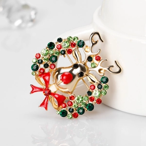 Broche de renne de Noël mignonne avec strass colorés et nœud en émail rouge brillant