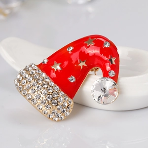 Cartoon Christmas hat brooch with red enamel and sparkling rhinestones in gold plating