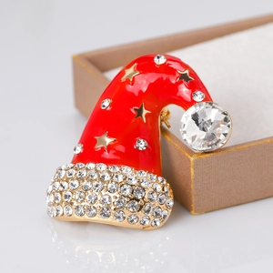 Cartoon Christmas hat brooch with red enamel finish and sparkling crystal accents