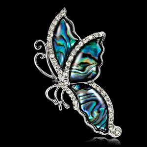 Elegant butterfly brooch with colorful abalone shell wings and sparkling rhinestones