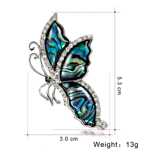 Elegant silver butterfly brooch with abalone shell and rhinestones, 5.3cm x 3.0cm