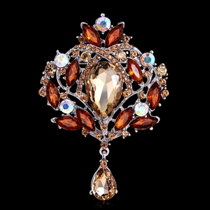 Vintage silver crown brooch with amber pear-shaped gems and crystal rhinestones