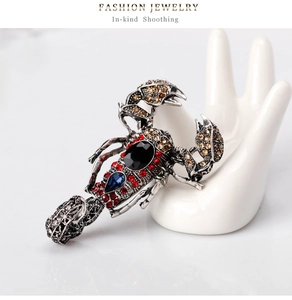 Macro shot of vintage silver scorpion brooch with colorful rhinestones and black stone