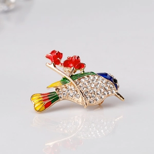 Colorful enamel bird brooch with sparkling rhinestones on high-quality gold alloy