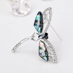 Vintage dragonfly brooch with abalone shell wings and sparkling crystals for women