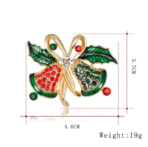 Detailed view of Christmas bell brooch with red and green rhinestones and dimensions