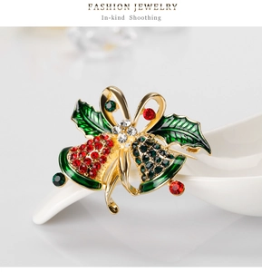 Detailed macro view of Christmas bell brooch with red and green rhinestones