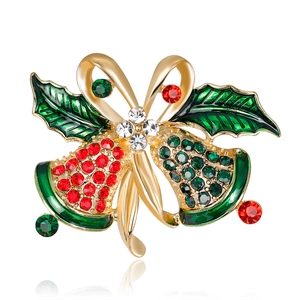 Vintage Christmas Bell Brooch For Women Gold Alloy Rhinestone Holly Leaf Bowknot Pin Xmas Party Jewelry Accessory Gift