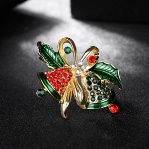 Vintage gold Christmas bell brooch with red crystals and bowknot for women