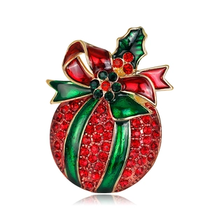 Christmas Ball Ornament Brooch Alloy Rhinestone Red Green Bow Holly Pin For Women Fashion Jewelry Xmas Gift Decoration