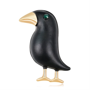 Vintage Alloy Raven Bird Brooch With Green Rhinestone Eye Black Enamel Animal Lapel Pin For Women Creative Fashion Jewelry