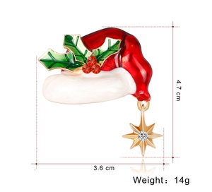 Detailed dimensions of Christmas hat brooch with dimensions of 4.7 cm by 3.6 cm and 14g weight
