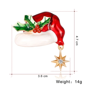 Christmas hat brooch pin with red white enamel, holly leaves and star pendant decoration