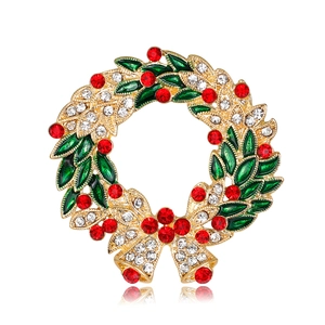Fashion Christmas Wreath Brooch For Women Alloy Rhinestone Enamel Garland Bowknot Brooch Pin Festive Party Jewelry Gift
