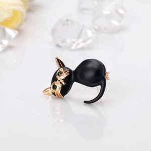 Schicke schwarze Emaille-Katzenbrosche mit grünen Edelsteinaugen und Goldbeschichtung