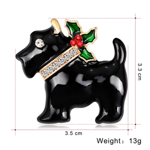 Broche chien Scottie de Noël en émail noir avec collier en strass, taille 3,5x3,3cm