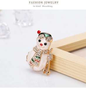 Close-up of a festive snowman brooch with sparkling rhinestones on a white background