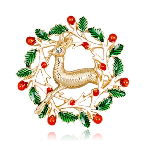Broche Couronne de Renne de Noël en Alliage d'Émail Épinglette Cerf Avec Strass pour Femme Bijoux de Fête de Noël