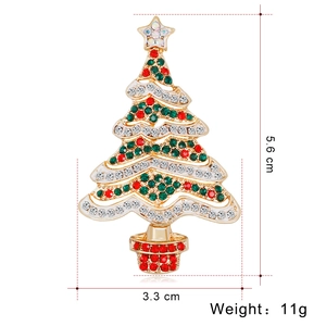 Spilla ad albero di Natale con strass colorati e misure dettagliate del prodotto