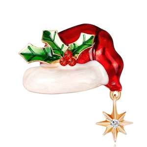 Fashion Alloy Rhinestone Santa Hat Brooch For Women Red Enamel Christmas Hat Breastpin With Star Pendant Holiday Jewelry