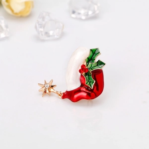 Fashionable alloy Christmas hat brooch with rhinestones and red enamel holiday finish