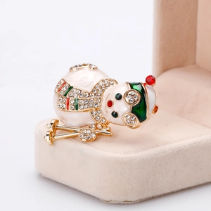Cartoon Christmas snowman brooch with white enamel and colorful rhinestones on gold base