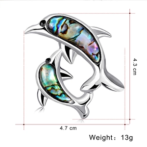Detailed view of dolphin brooch with abalone shell inlay measuring 4.7 cm by 4.3 cm